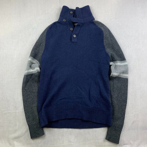 Banana Republic Mens Sweater Large Slim Fit Blue Gray 1/4 Button Merino Wool - Picture 1 of 8